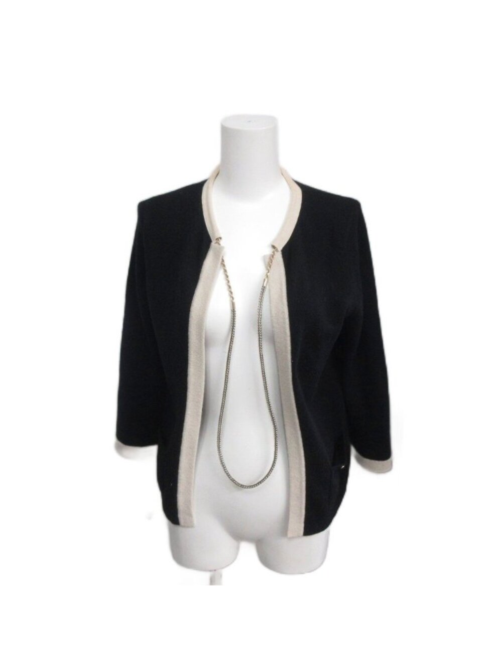 Chanel Bicolor Chain Cardigan Cashmere Long Sleeve Black Ivory 38